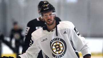 BOSTON - SEPTEMBER 14: Boston Bruins' David Krejci takes a breather during a practice at the Warrior Ice Arena in the Brighton neighborhood of Boston on Sep. 14, 2019. (Photo by John Tlumacki/The Boston Globe via Getty Images)