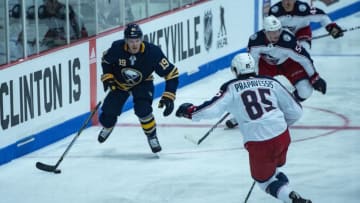 CLINTON, NY - SEPTEMBER 25: Buffalo Sabers Right Defenseman Jake McCabe (19) skates with the puck with Columbus Blue Jackets Center Michael Prapavessis (85) in pursuit during the first period of the Columbus Blue Jackets versus the Buffalo Sabers preseason game on September 25, 2018, at Clinton Arena in Clinton, New York. (Photo by Gregory Fisher/Icon Sportswire via Getty Images)