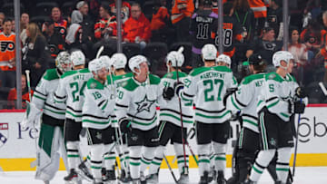 PHILADELPHIA, PA - NOVEMBER 13: The Dallas Stars celebrate their win against the Philadelphia Flyers after the game at the Wells Fargo Center on November 13, 2022 in Philadelphia, Pennsylvania. The Stars defeated the Flyers 5-1. (Photo by Mitchell Leff/Getty Images)