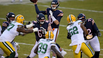 CHICAGO, ILLINOIS - JANUARY 03: Mitchell Trubisky #10 of the Chicago Bears throws a pass against the Green Bay Packers during the first quarter in the game at Soldier Field on January 03, 2021 in Chicago, Illinois. (Photo by Quinn Harris/Getty Images)