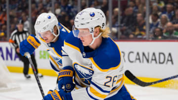 Oct 22, 2022; Vancouver, British Columbia, CAN; Buffalo Sabres defenseman Rasmus Dahlin (26) skates against the Vancouver Canucks in the third period at Rogers Arena. Buffalo won 5-1. Mandatory Credit: Bob Frid-USA TODAY Sports