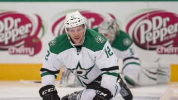 Mar 31, 2016; Dallas, TX, USA; Dallas Stars rookie center Radek Faksa (12) stretches on the ice prior to the game against the Arizona Coyotes at the American Airlines Center. Mandatory Credit: Jerome Miron-USA TODAY Sports