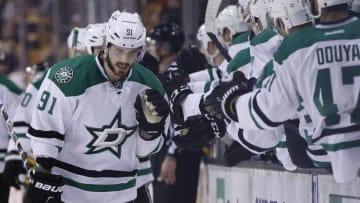 Nov 3, 2015; Boston, MA, USA; Dallas Stars center Tyler Seguin (91) skates past the bench after scoring a goal against the Boston Bruins during the first period at TD Garden. Mandatory Credit: Greg M. Cooper-USA TODAY Sports