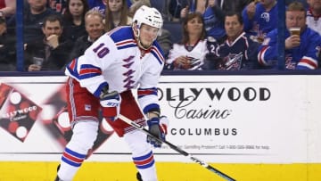 Apr 4, 2016; Columbus, OH, USA; New York Rangers center J.T. Miller (10) against the Columbus Blue Jackets at Nationwide Arena. The Rangers won 4-2. Mandatory Credit: Aaron Doster-USA TODAY Sports