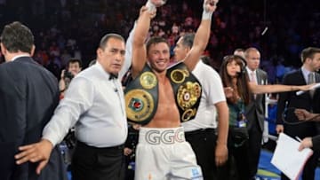 Jul 26, 2014; New York, NY, USA; Gennady Golovkin (white gloves) reacts after defeating Daniel Geale (not pictured) in their middleweight championship bout at Madison Square Garden. Golovkin won via third round knockout. Mandatory Credit: Joe Camporeale-USA TODAY Sports