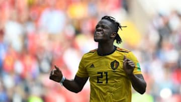 Belgium's forward Michy Batshuayi celebrates a goal during the Russia 2018 World Cup Group G football match between Belgium and Tunisia at the Spartak Stadium in Moscow on June 23, 2018. (Photo by YURI CORTEZ / AFP) / RESTRICTED TO EDITORIAL USE - NO MOBILE PUSH ALERTS/DOWNLOADS (Photo credit should read YURI CORTEZ/AFP/Getty Images)