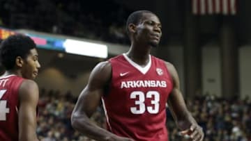 Jan 2, 2016; College Station, TX, USA; Arkansas Razorbacks forward Moses Kingsley (33) reacts after a play during the second half against the Texas A&M Aggies at Reed Arena. The Aggies defeated the Razorbacks 92-69. Mandatory Credit: Troy Taormina-USA TODAY Sports