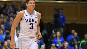 DURHAM, NC - NOVEMBER 10: Grayson Allen #3 of the Duke Blue Devils reacts following a three-point basket during their game against the Elon Phoenix at Cameron Indoor Stadium on November 10, 2017 in Durham, North Carolina. Duke won 97-68. (Photo by Lance King/Getty Images)