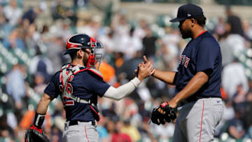 Apr 9, 2023; Detroit, Michigan, USA; Boston Red Sox catcher Connor Wong (12) and relief pitcher Kenley Jansen (74) celebrate after defeating the Detroit Tigers at Comerica Park. Mandatory Credit: Rick Osentoski-USA TODAY Sports