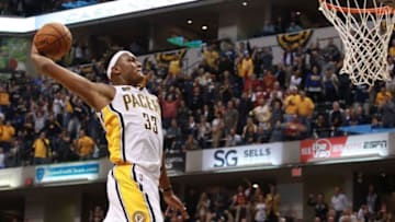 Oct 26, 2016; Indianapolis, IN, USA; Indiana Pacers center Myles Turner (33) dunks against the Dallas Mavericks at Bankers Life Fieldhouse. Indiana defeats Dallas 130-121 in overtime. Mandatory Credit: Brian Spurlock-USA TODAY Sports