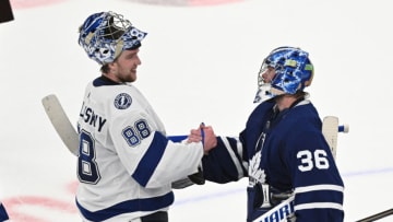 May 14, 2022; Toronto, Ontario, CAN; Toronto Maple Leafs goalie Jack Campbell (36) and Tampa Bay Lightning goalie Andrei Vasilevskiy (88) shake hand after Tampa Bay defeated Toronto in game seven of the first round of the 2022 Stanley Cup Playoffs at Scotiabank Arena. Mandatory Credit: Dan Hamilton-USA TODAY Sports