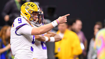 NEW ORLEANS, LA - JANUARY 13: Joe Burrow #9 of the LSU Tigers warms up prior to taking on the Clemson Tigers during the College Football Playoff National Championship held at the Mercedes-Benz Superdome on January 13, 2020 in New Orleans, Louisiana. (Photo by Jamie Schwaberow/Getty Images)