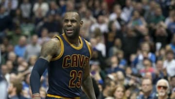 Jan 12, 2016; Dallas, TX, USA; Cleveland Cavaliers forward LeBron James (23) reacts to a call during the second half against the Dallas Mavericks at the American Airlines Center. The Cavaliers defeat the Mavericks 110-107 in overtime. Mandatory Credit: Jerome Miron-USA TODAY Sports