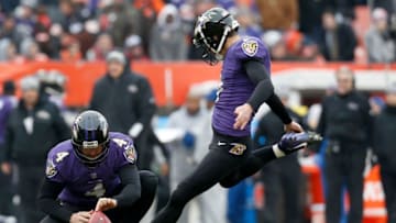 CLEVELAND, OH - DECEMBER 17: Sam Koch #4 of the Baltimore Ravens holds the ball as Justin Tucker #9 of the Baltimore Ravens kicks a field goal during the game against the Cleveland Browns at FirstEnergy Stadium on December 17, 2017 in Cleveland, Ohio. Baltimore defeated Cleveland 27-10. (Photo by Kirk Irwin/Getty Images) *** Sam Koch;Justin Tucker