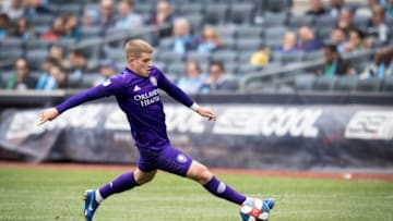 BRONX, NY - MARCH 27: Chris Mueller #9 of Orlando City strides to get the ball during the MLS match between New York City FC and Orlando City SC at Yankee Stadium on March 27, 2019 in the Bronx borough of New York. The match ended in a tie of 1 to 1. (Photo by Ira L. Black/Corbis via Getty Images)