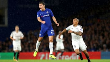 LONDON, ENGLAND - SEPTEMBER 12: Andreas Christensen of Chelsea heads the ball while under pressure from Dino Ndlovu of Qarabag FK during the UEFA Champions League Group C match between Chelsea FC and Qarabag FK at Stamford Bridge on September 12, 2017 in London, United Kingdom. (Photo by Richard Heathcote/Getty Images)
