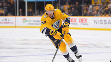 Dec 13, 2022; Nashville, Tennessee, USA; Nashville Predators center Ryan Johansen (92) skates against the Edmonton Oilers during the third period at Bridgestone Arena. Mandatory Credit: Steve Roberts-USA TODAY Sports