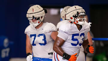 Florida Gators offensive lineman Bryce Lovett (53) runs to his next drill. The University of Florida Football team held their 2023 Football Spring Practice Tuesday afternoon, April 4, 2023 at Sanders Football Practice Field at the University of Florida in Gainesville, FL. [Doug Engle/Ocala Star Banner]2023 tFlgai 040623 Uf Spring Fb 0066 De