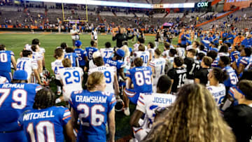 Florida Gators head coach Billy Napier addresses the team after the game during the Florida Gators Orange and Blue Spring Game at Steve Spurrier Field at Ben Hill Griffin Stadium in Gainesville, FL on Thursday, April 13, 2023. [Matt Pendleton/Gainesville Sun]Ncaa Football Florida Gators Orange Blue Spring Game