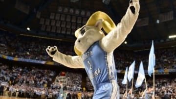 Feb 24, 2015; Chapel Hill, NC, USA; North Carolina Tar Heels mascot runs on to the court at Dean E. Smith Center. Mandatory Credit: Bob Donnan-USA TODAY Sports