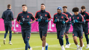 10 December 2019, Bavaria, Munich: Soccer: Champions League, Bayern Munich - Tottenham Hotspur, Group stage, Group B, 6th matchday, FC Bayern training unit at the club premises on Säbener Straße. Robert Lewandowski (l-r), Jerome Boateng, David Alaba, Kingsley Coman, Serge Gnabry and Benjamin Pavard from FC Bayern Munich cross the pitch. Photo: Matthias Balk/dpa (Photo by Matthias Balk/picture alliance via Getty Images)