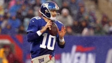 Dec 29, 2013; East Rutherford, NJ, USA; New York Giants quarterback Eli Manning (10) drops back to pass against the Washington Redskins during the first quarter of a game at MetLife Stadium. Mandatory Credit: Brad Penner-USA TODAY Sports