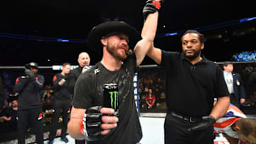 AUSTIN, TX - FEBRUARY 18: Donald Cerrone celebrates after defeating Yancy Medeiros by KO in their welterweight bout during the UFC Fight Night event at Frank Erwin Center on February 18, 2018 in Austin, Texas. (Photo by Josh Hedges/Zuffa LLC/Zuffa LLC via Getty Images)