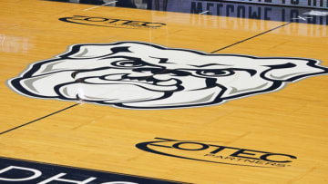 INDIANAPOLIS, IN - FEBRUARY 09: The Butler Bulldogs logo on the floor before a college basketball game against the St. John's Red Storm at Hinkle Fieldhouse on February 9, 2021 in Indianapolis, Indiana. (Photo by Mitchell Layton/Getty Images)