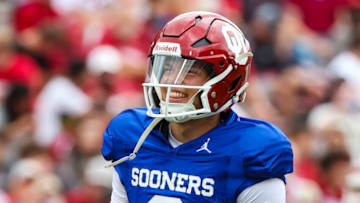 Apr 23, 2022; Norman, Oklahoma, USA; Oklahoma Sooners quarterback Dillon Gabriel (8) in action during the spring game at Gaylord Family Oklahoma Memorial Stadium. Mandatory Credit: Kevin Jairaj-USA TODAY Sports