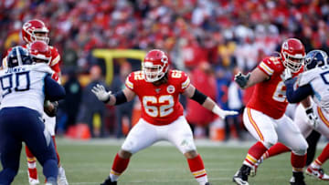 KANSAS CITY, MO - JANUARY 19: Austin Reiter #62 of the Kansas City Chiefs in action against the Tennessee Titans during the AFC Championship game at Arrowhead Stadium on January 19, 2020 in Kansas City, Missouri. The Chiefs defeated the Titans 35-24. (Photo by Joe Robbins/Getty Images)