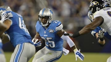Aug 27, 2016; Baltimore, MD, USA; Detroit Lions running back Theo Riddick (25) runs during the second quarter against the Baltimore Ravens at M&T Bank Stadium. Mandatory Credit: Tommy Gilligan-USA TODAY Sports