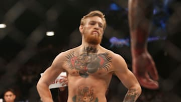 LAS VEGAS, NV - JULY 11: Conor McGregor prepares to face Chad Mendes in their UFC interim featherweight title fight during the UFC 189 event inside MGM Grand Garden Arena on July 11, 2015 in Las Vegas, Nevada. (Photo by Christian Petersen/Zuffa LLC/Zuffa LLC via Getty Images)