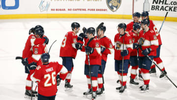 SUNRISE, FL - APRIL 8: The Florida Panthers celebrate their 3-0 win against the Buffalo Sabres at the BB