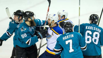 Mar 22, 2016; San Jose, CA, USA; San Jose Sharks defenseman Brent Burns (88) and other players get into a fight with the St. Louis Blues in the 3rd period at SAP Center at San Jose. Mandatory Credit: John Hefti-USA TODAY Sports The Blues won 1-0.