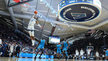 VILLANOVA, PA - JANUARY 16: Cam Whitmore #22 of the Villanova Wildcats dunks the ball against the Georgetown Hoyas at Finneran Pavilion on January 16, 2023 in Villanova, Pennsylvania. (Photo by Mitchell Leff/Getty Images)