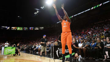 LAS VEGAS, NEVADA - JULY 26: Shekinna Stricklen of the Connecticut Sun competes in the final round of the 3-Point Contest of the WNBA All-Star Friday Night at the Mandalay Bay Events Center on July 26, 2019 in Las Vegas, Nevada. Stricklen beat Kayla McBride of the Las Vegas Aces in the final round 23-22 to win. NOTE TO USER: User expressly acknowledges and agrees that, by downloading and or using this photograph, User is consenting to the terms and conditions of the Getty Images License Agreement. (Photo by Ethan Miller/Getty Images)