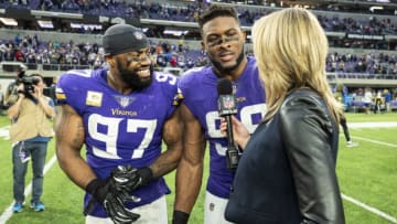 MINNEAPOLIS, MN - NOVEMBER 4: Everson Griffen #97 and Danielle Hunter #99 of the Minnesota Vikings are interviewed after the game against the Detroit Lions at U.S. Bank Stadium on November 4, 2018 in Minneapolis, Minnesota. The Vikings set a franchise record in the game with 10 sacks of the quarterback. (Photo by Adam Bettcher/Getty Images)