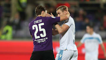 FLORENCE, ITALY - MARCH 10: Federico Chiesa of ACF Fiorentina and Patric of SS Lazio during the Serie A match between ACF Fiorentina and SS Lazio at Stadio Artemio Franchi on March 10, 2019 in Florence, Italy. (Photo by Gabriele Maltinti/Getty Images)