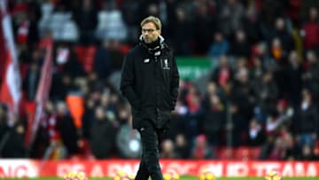 LIVERPOOL, ENGLAND - MARCH 04: Jurgen Klopp, looks on as his team warm up prior to the EPL match between Liverpool and Arsenal at Anfield. (Photo by Laurence Griffiths/Getty Images)