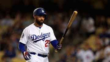 LOS ANGELES, CA - JUNE 26: Matt Kemp #27 of the Los Angeles Dodgers looks on during a game against the Chicago Cubs at Dodger Stadium on June 26, 2018 in Los Angeles, California. (Photo by Sean M. Haffey/Getty Images)