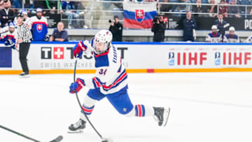 BASEL, SWITZERLAND - APRIL 29: Cole Eiserman of United States in actionduring the semi final of U18 Ice Hockey World Championship match between United States and Slovakia at St. Jakob-Park on April 29, 2023 in Basel, Switzerland. (Photo by Jari Pestelacci/Eurasia Sport Images/Getty Images)