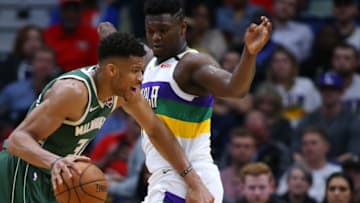 Giannis Antetokounmpo #34 of the Milwaukee Bucks drives against Zion Williamson #1 of the New Orleans Pelicans(Photo by Jonathan Bachman/Getty Images)