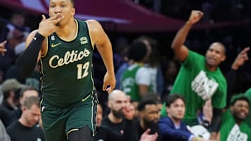 PHILADELPHIA, PA - FEBRUARY 25: Grant Williams #12 of the Boston Celtics reacts after making a three point basket against the Philadelphia 76ers at the Wells Fargo Center on February 25, 2023 in Philadelphia, Pennsylvania. The Celtics defeated the 76ers 110-107. NOTE TO USER: User expressly acknowledges and agrees that, by downloading and or using this photograph, User is consenting to the terms and conditions of the Getty Images License Agreement. (Photo by Mitchell Leff/Getty Images)