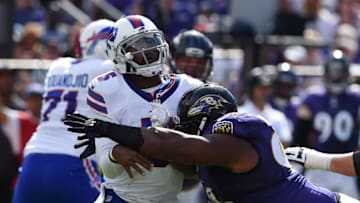 Sep 11, 2016; Baltimore, MD, USA; Buffalo Bills quarterback Tyrod Taylor (5) his hit by Baltimore Ravens nose tackle Brandon Williams (98) at M&T Bank Stadium. The Ravens won 13-7. Mandatory Credit: Tommy Gilligan-USA TODAY Sports