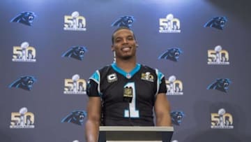 February 3, 2016; San Jose, CA, USA; Carolina Panthers quarterback Cam Newton (1) addresses the media during a press conference prior to Super Bowl 50 at San Jose Convention Center. Mandatory Credit: Kyle Terada-USA TODAY Sports