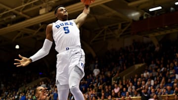 DURHAM, NC - DECEMBER 08: RJ Barrett #5 of the Duke Blue Devils goes up for a dunk against the Yale Bulldogs in the second half at Cameron Indoor Stadium on December 8, 2018 in Durham, North Carolina. (Photo by Lance King/Getty Images)