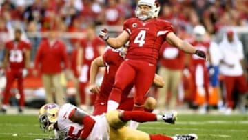 Dec 29, 2013; Phoenix, AZ, USA; Arizona Cardinals kicker Jay Feely (4) against the San Francisco 49ers at University of Phoenix Stadium. Mandatory Credit: Mark J. Rebilas-USA TODAY Sports