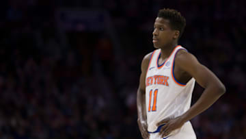 PHILADELPHIA, PA - FEBRUARY 12: Frank Ntilikina #11 of the New York Knicks looks on against the Philadelphia 76ers at the Wells Fargo Center on February 12, 2018 in Philadelphia, Pennsylvania. (Photo by Mitchell Leff/Getty Images)