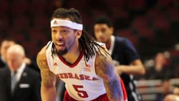 Mar 11, 2015; Chicago, IL, USA; Nebraska Cornhuskers forward Terran Petteway (5) runs onto the court during the second half against the Penn State Nittany Lions in the first round of the Big Ten Conference Tournament at the United Center. The Nittany Lions won 68-65. Mandatory Credit: David Banks-USA TODAY Sports