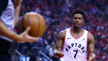 TORONTO, ON - APRIL 16: Kyle Lowry #7 of the Toronto Raptors reacts to a call by an official during Game Two of the first round of the 2019 NBA Playoffs against the Orlando Magic at Scotiabank Arena on April 16, 2019 in Toronto, Canada. NOTE TO USER: User expressly acknowledges and agrees that, by downloading and or using this photograph, User is consenting to the terms and conditions of the Getty Images License Agreement. (Photo by Vaughn Ridley/Getty Images)